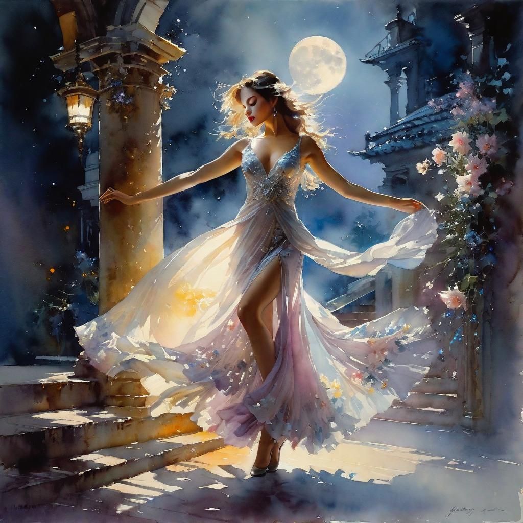 Woman Dancing in Moonlight: Watercolor Art