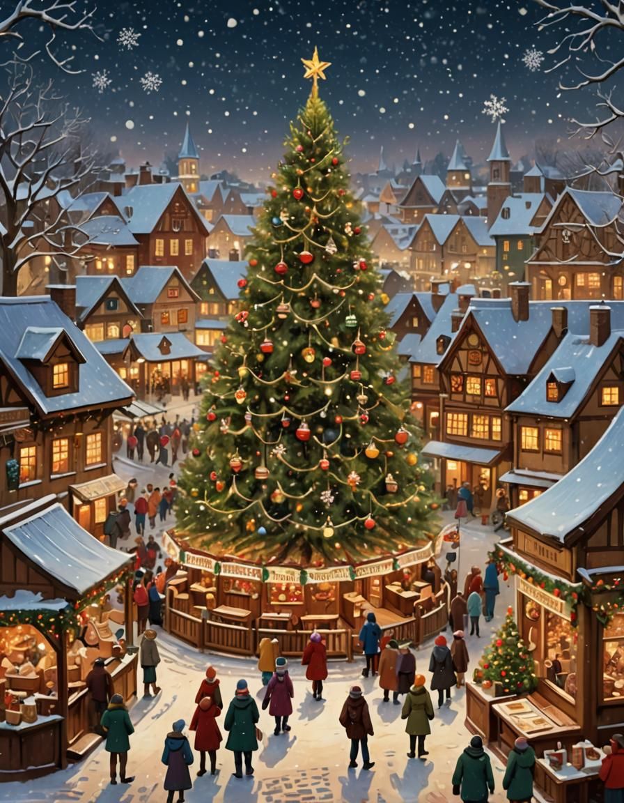 Christmas Tree in Village Square, Whimsical Folk Art