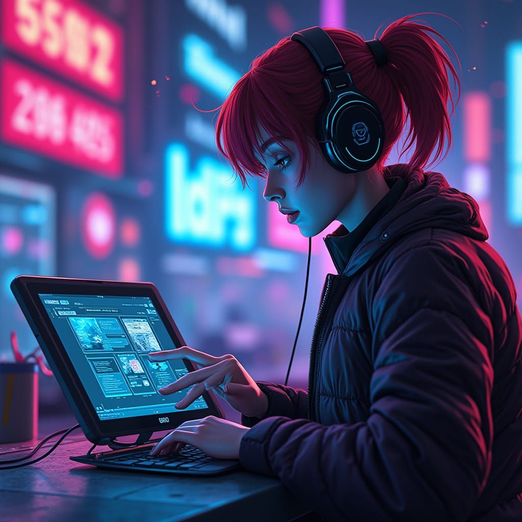 Person Browsing Screen in Futuristic Digital Art