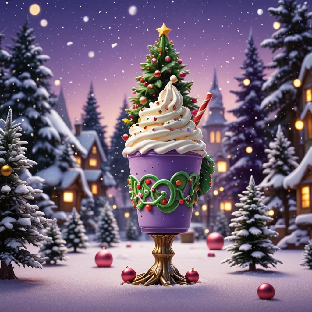 Happy Cartoon Xmas Tree Sipping Frappuccino