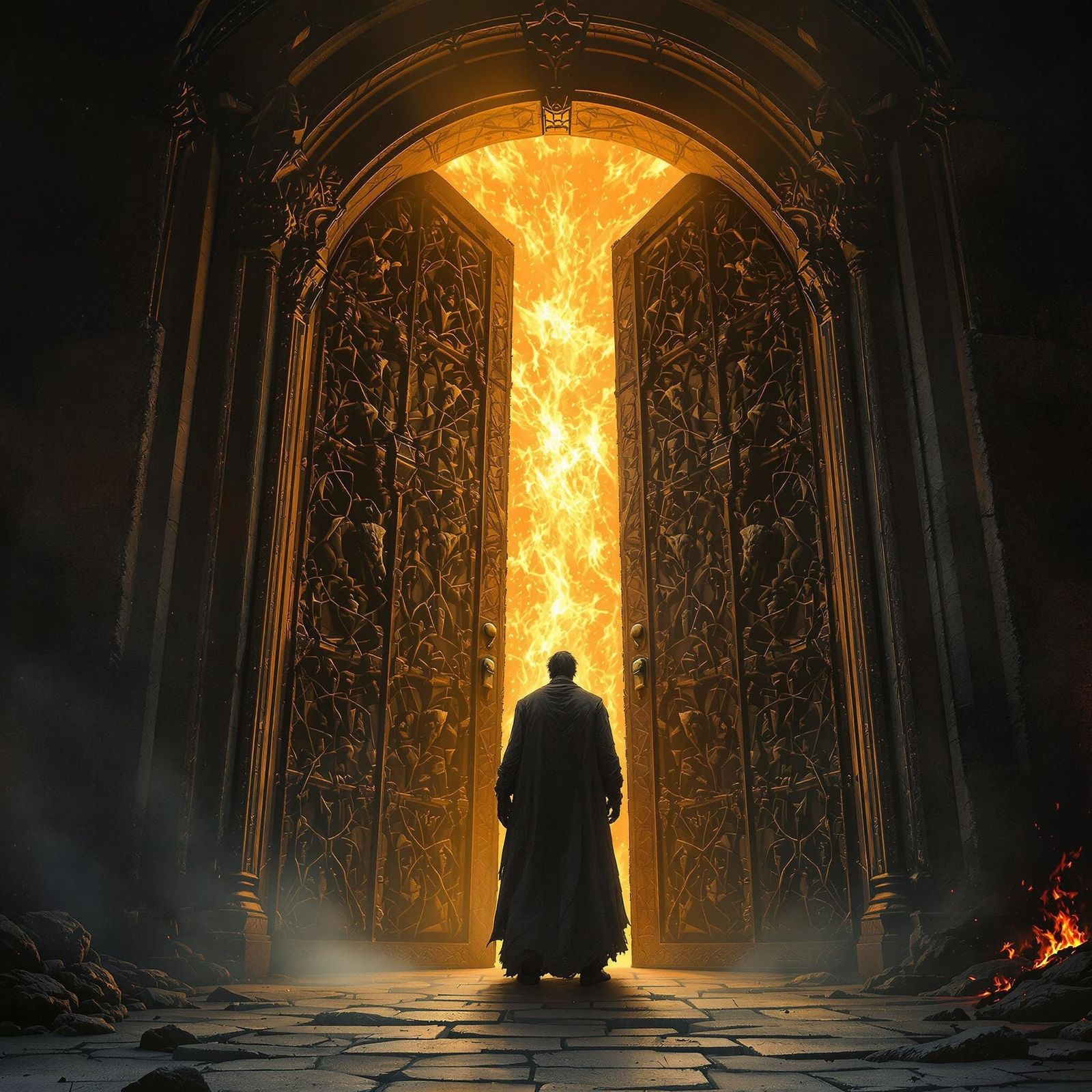 Gothic Figure Stands Before Radiant Doors