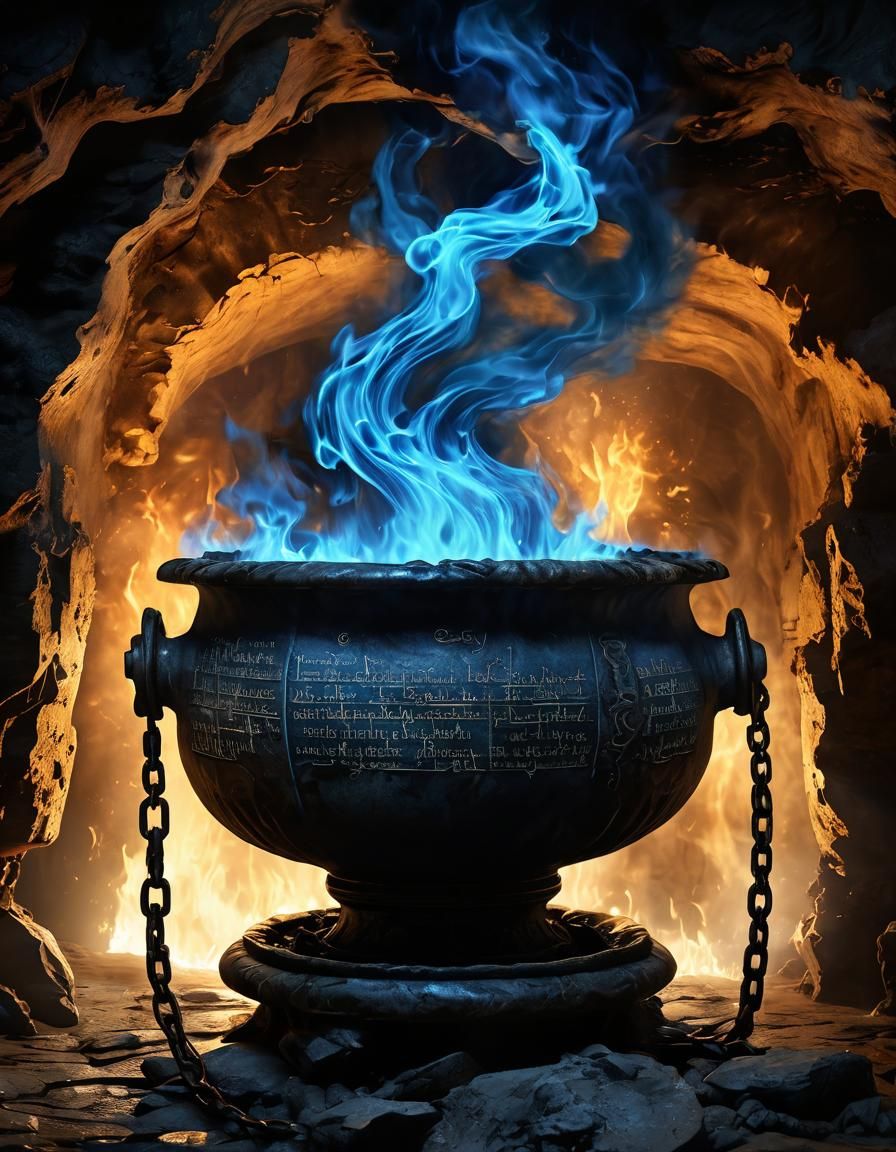 Mystic Parchment Above Cauldron in Dark Fantasy Art