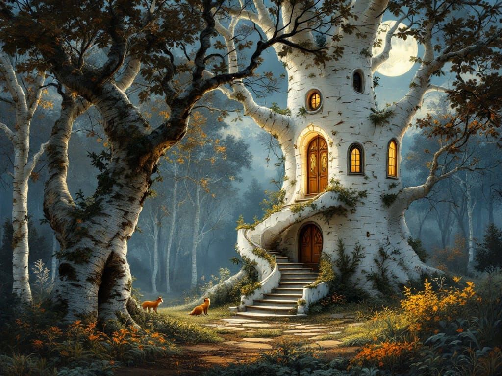 Art Nouveau Birch Treehouse Under Autumn Moonlight