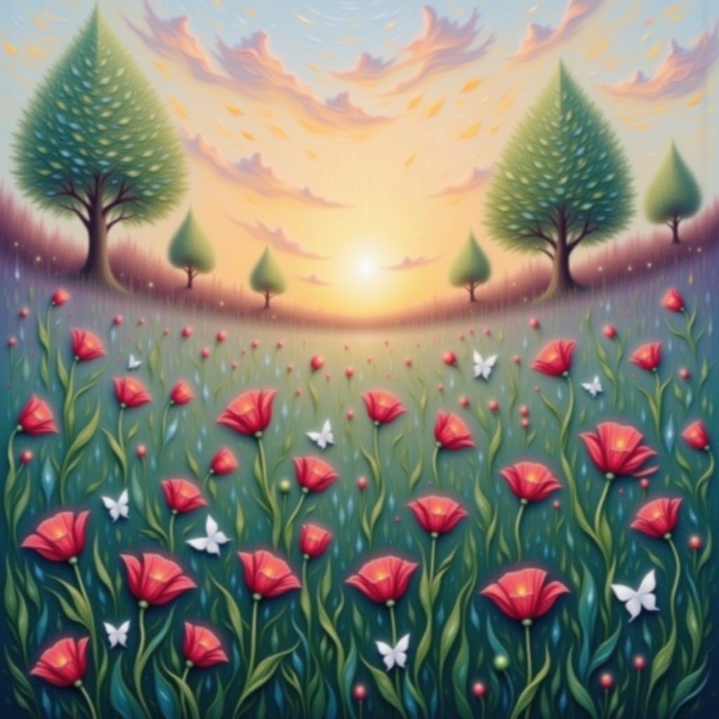 Ethereal Poppy Field at Sunset in Watercolor Style