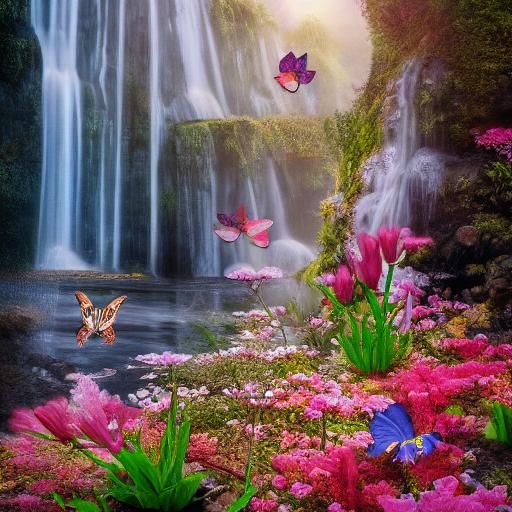 Waterfall Scene with Rabbits, Flowers, and Butterflies