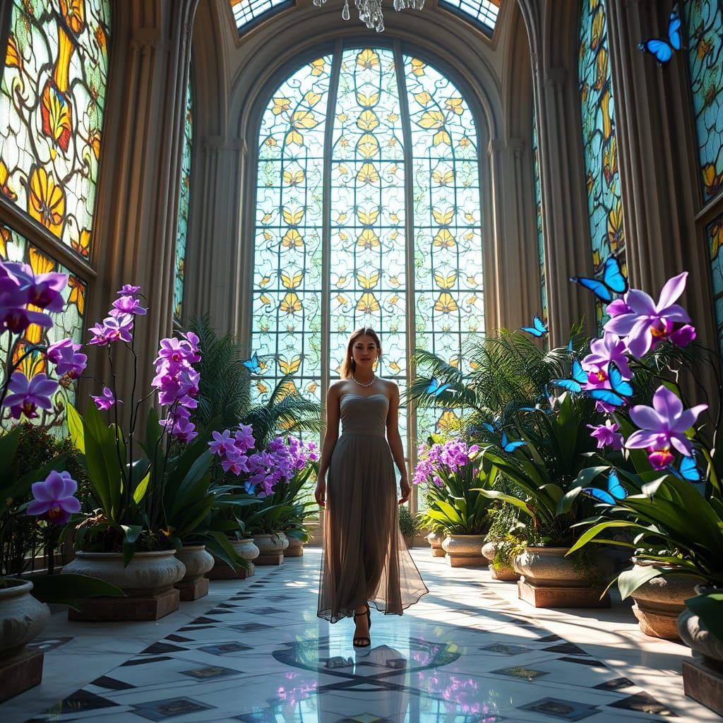 Botanical Art Deco Garden with Woman and Butterflies