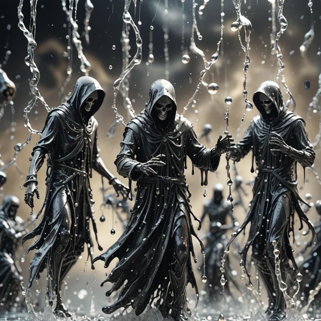 Surreal Grim Reaper Figurines in Exploding Droplets