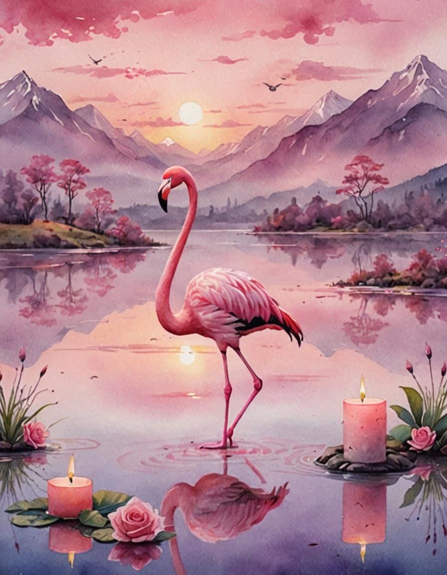 Pink Flamingo in Lake with Calligraphy Reflection