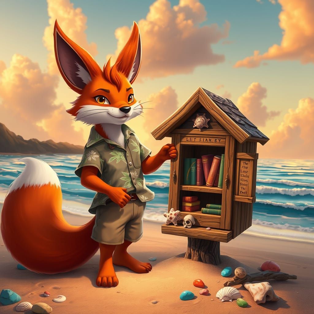 Majestic Kitsune Builds Whimsical Beach Library in Vibrant D...