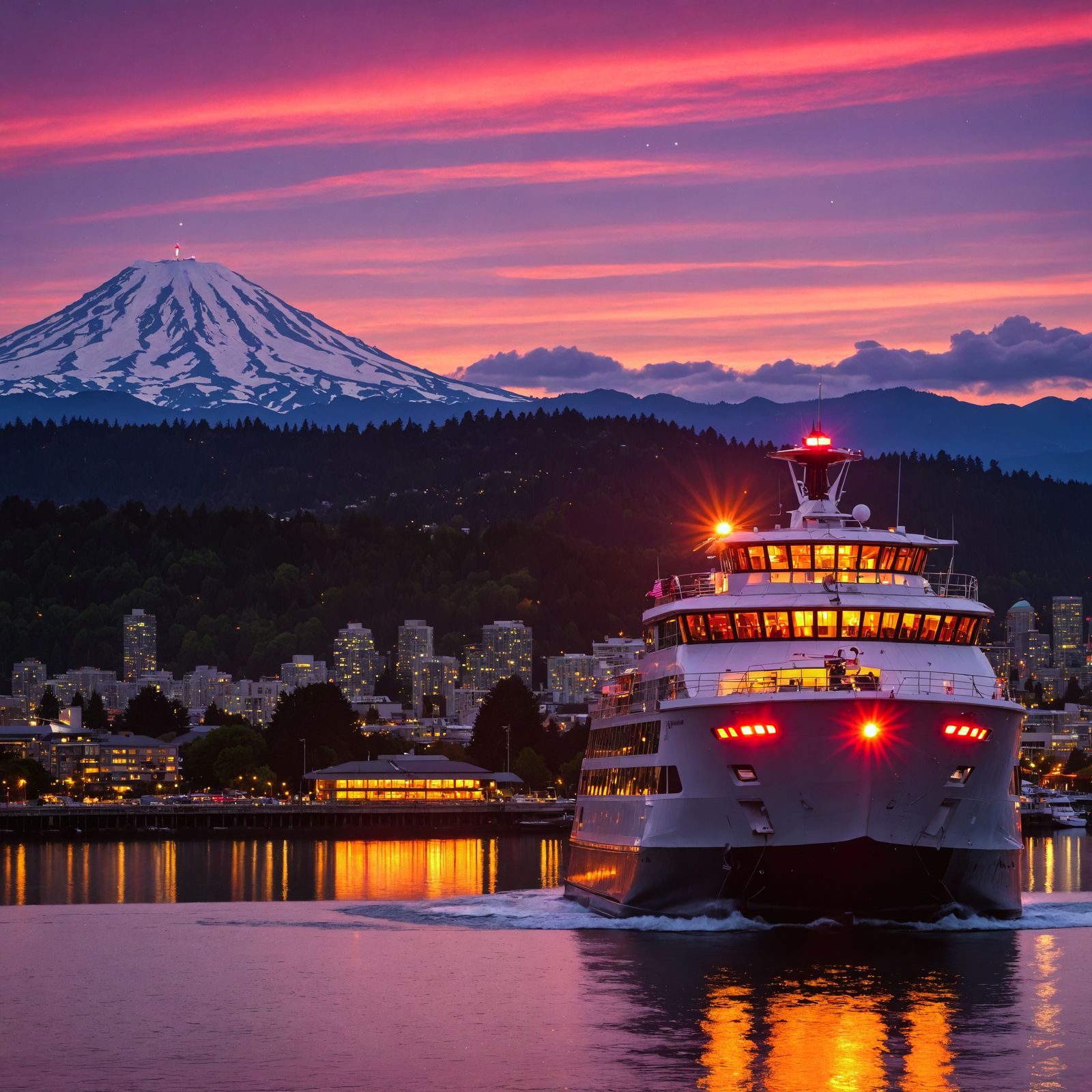 Colorful Sunset Over Seattle with Aurora Borealis