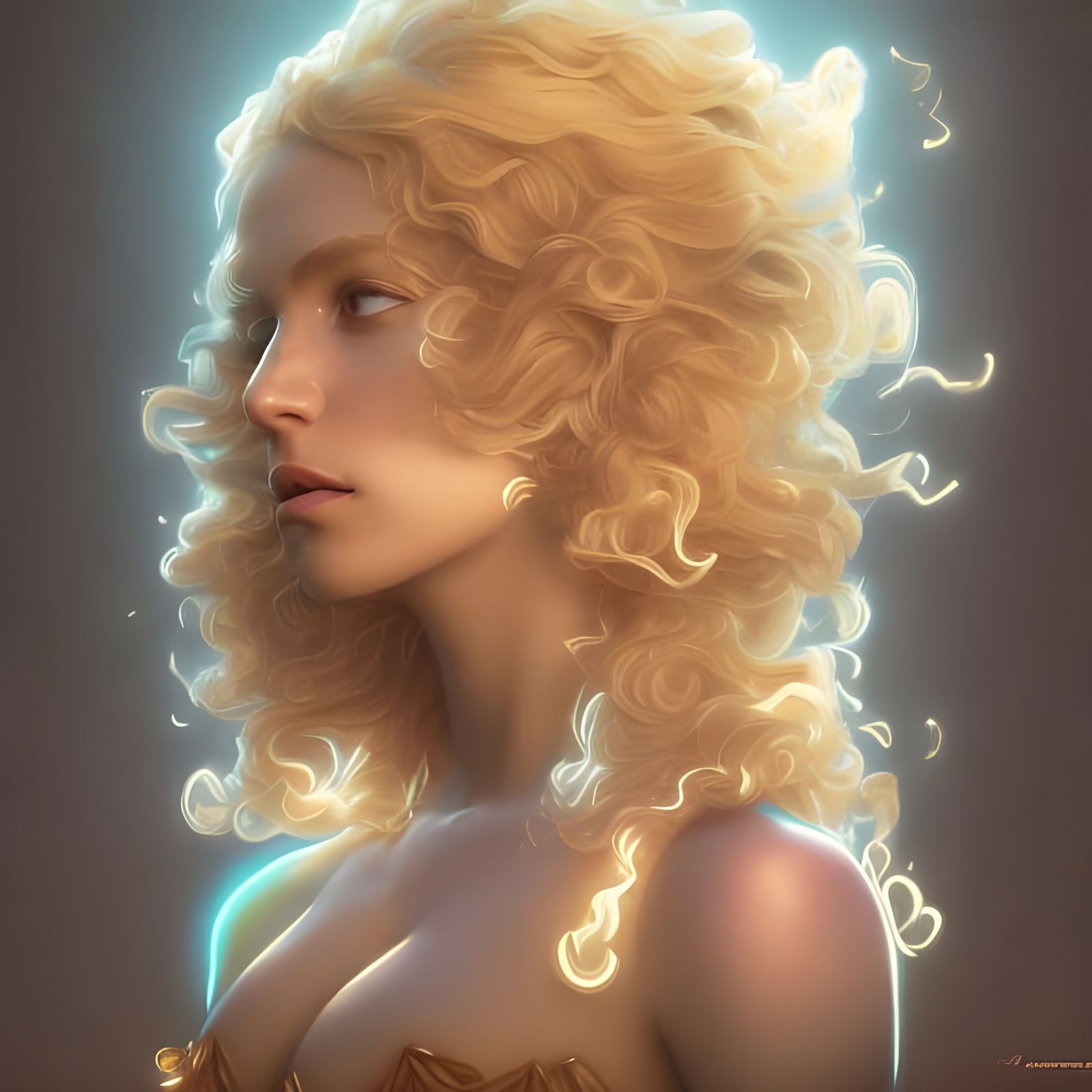 Curly glowing blonde head and shoulders with princess dress