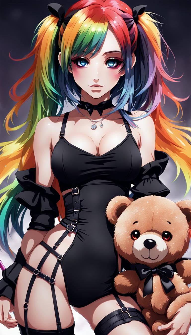 Anime Cute Girl with rainbow hair wearing skimpy black cloth...