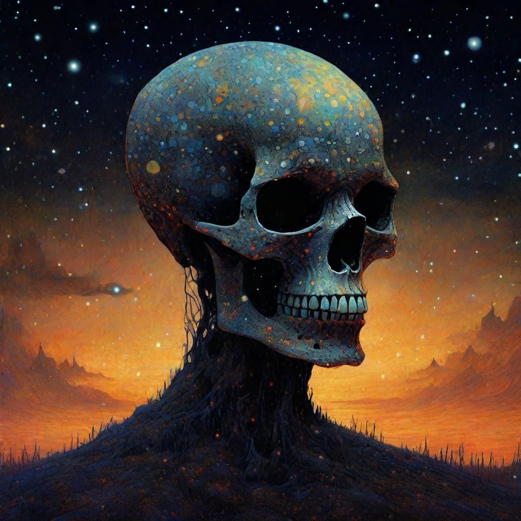 Alien Skull in Starry Sky: Beksinski Pixel-Art Dream