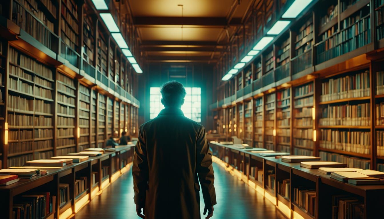 Dystopian Library Scene in Science Fiction Film Style