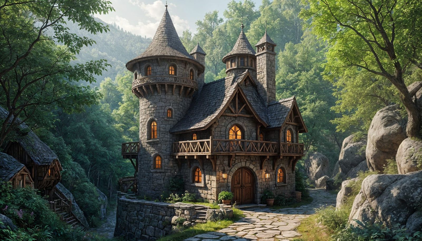 Enchanting Elven Cottage in Wooded Gorge: Fantasy Art