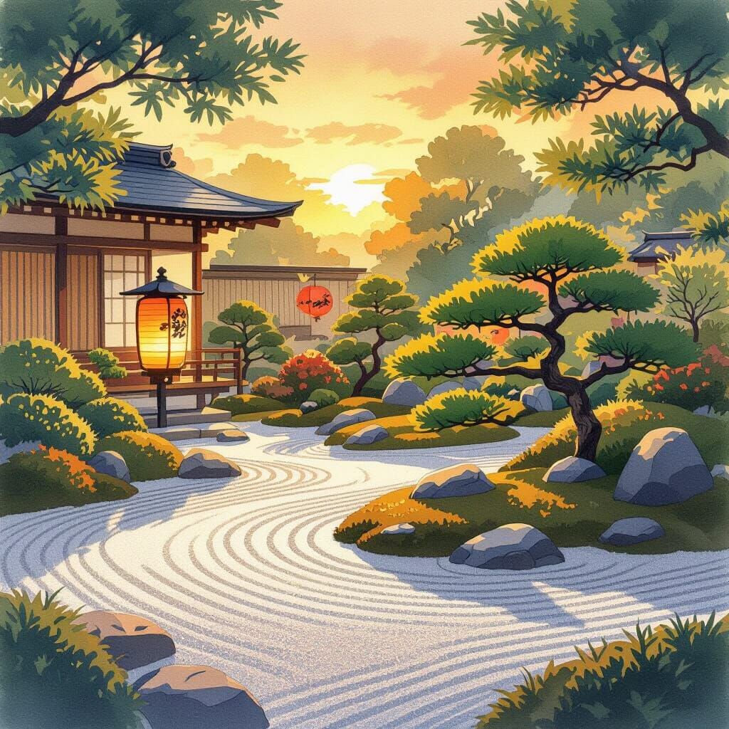 Sunrise Serenity: Japanese Garden in Watercolor Style