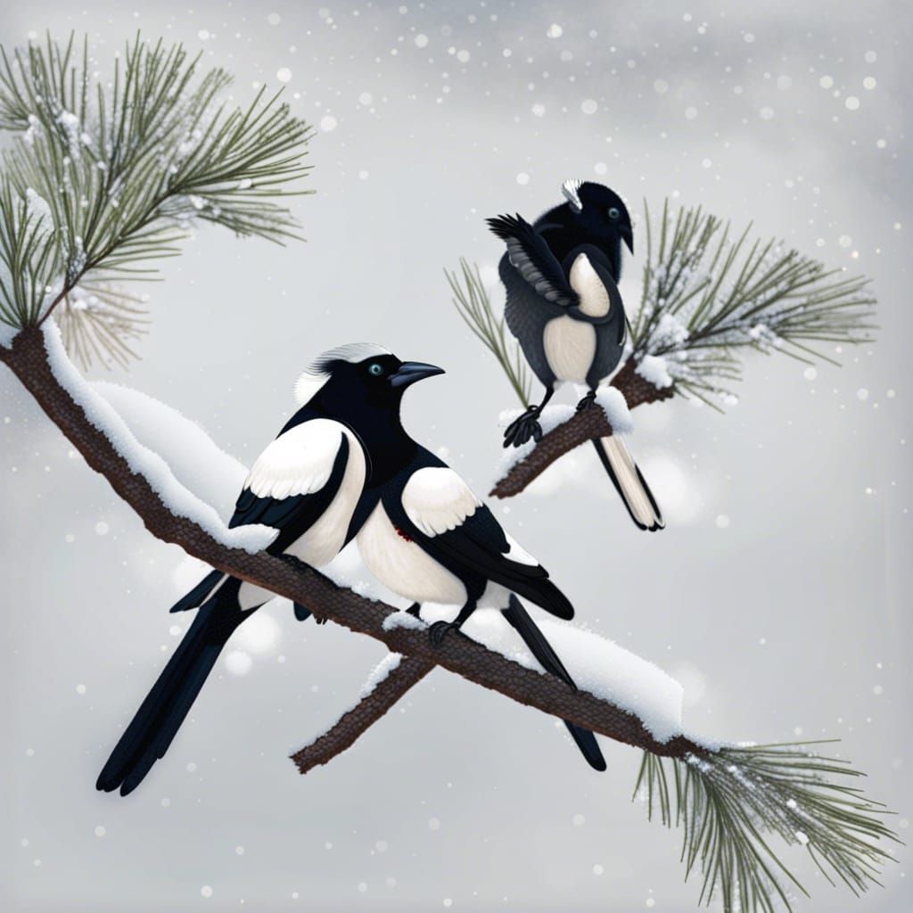 Magpies on Pine Branch in Winter Scene