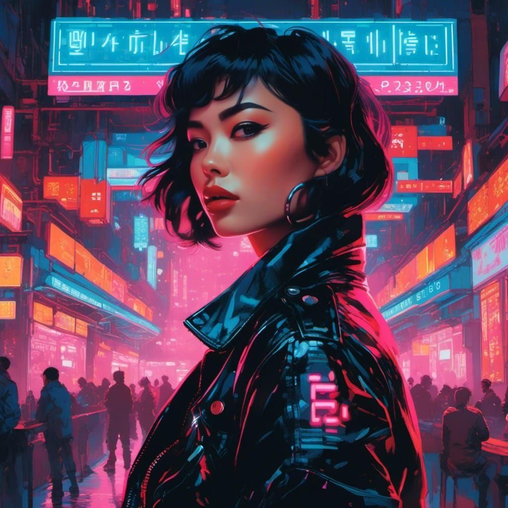 Cyberpunk Woman Portrait in Neon Cityscape