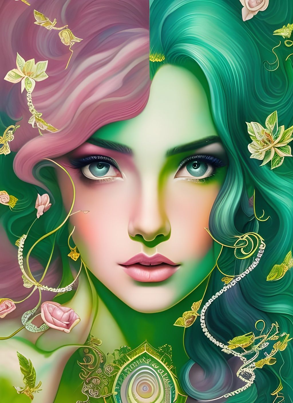 Rose Quartz Goddess Portrait in Cosmic Psychedelic Style