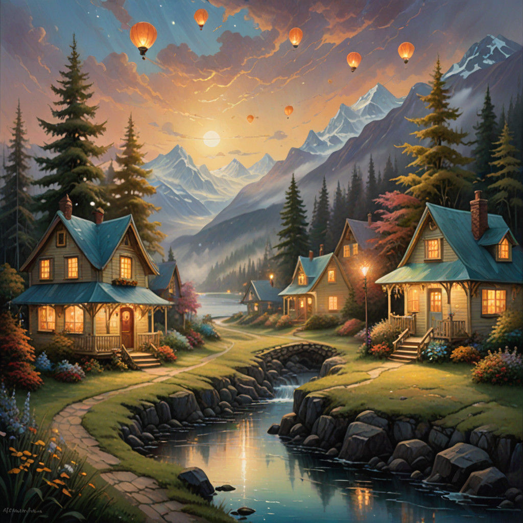 Whimsical Homer Village in Golden Light