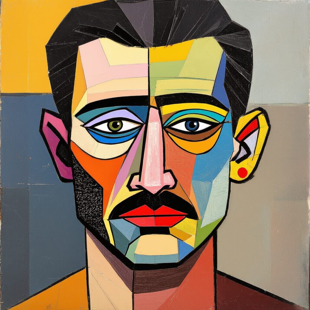 Fragmented Human Face in Collage Art Style