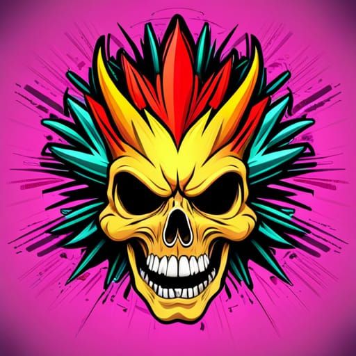 Neon Mohawk Skull in Wonderland: Hyperrealistic Art