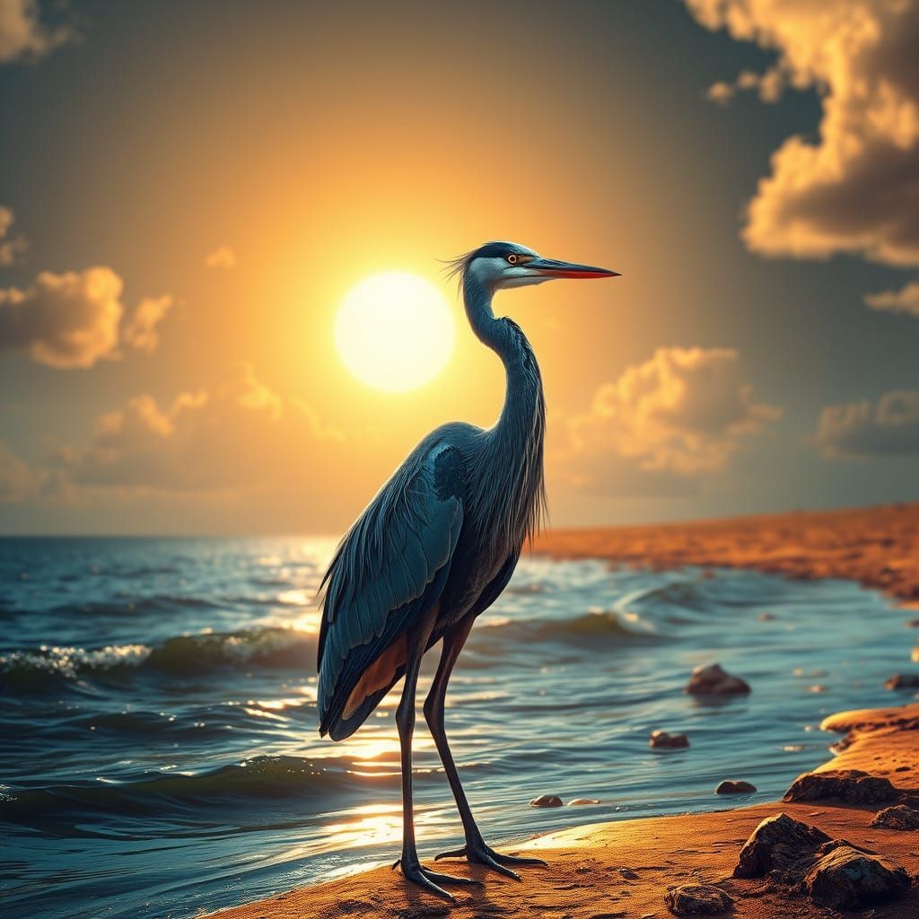 Serene Coastal Scene with a Majestic Great Blue Heron in a F...