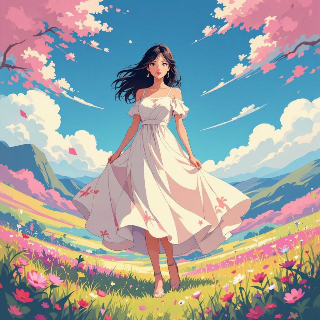 Animated Woman in Colorful Whimsical Landscape