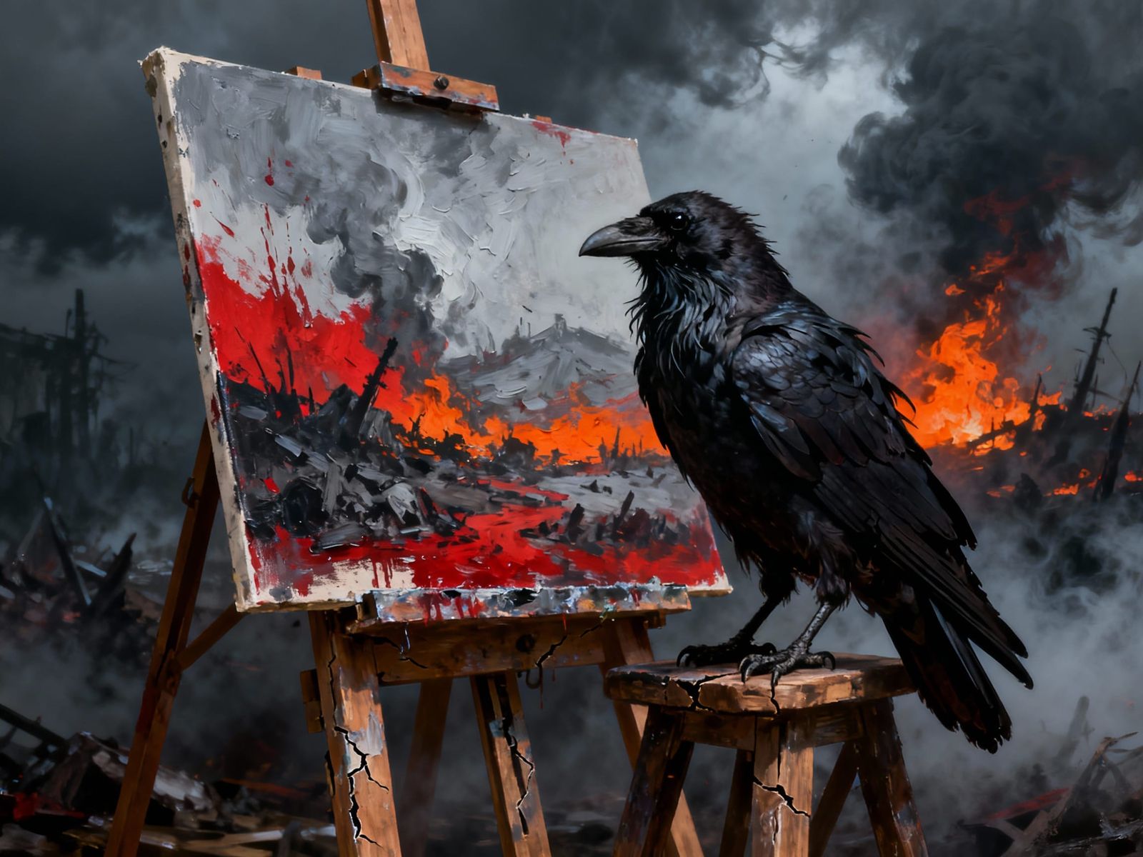 Grim Raven on Broken Easel Amidst War Art