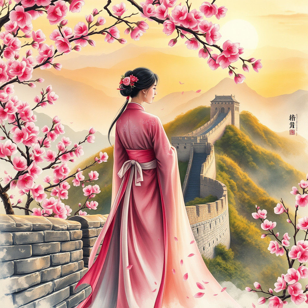 Great Wall with Plum Blossoms in Gouache Style