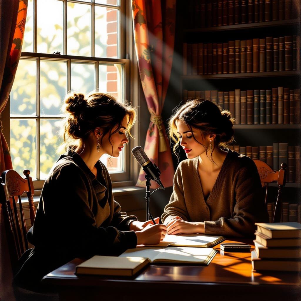 Woman Writer Recording in Cozy Home Library