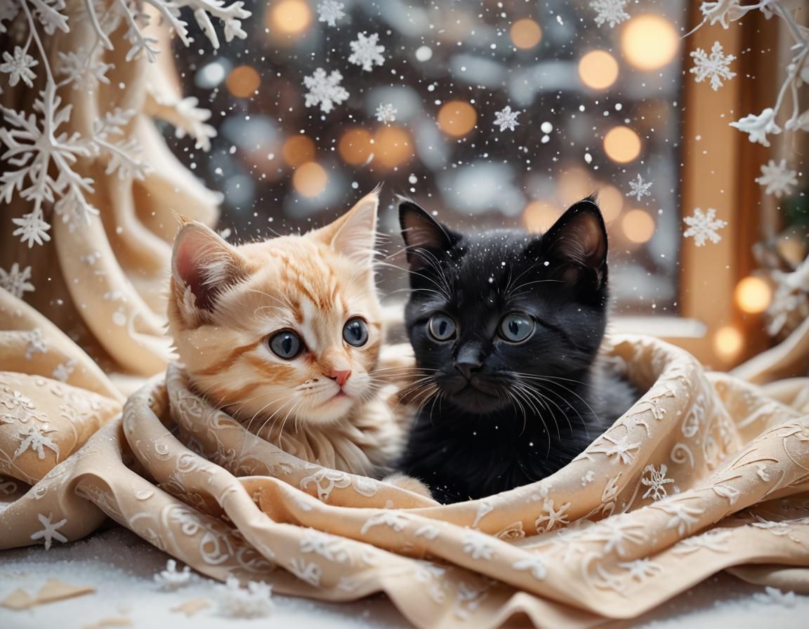 Whimsical Papercraft Kittens Snuggling in Winter