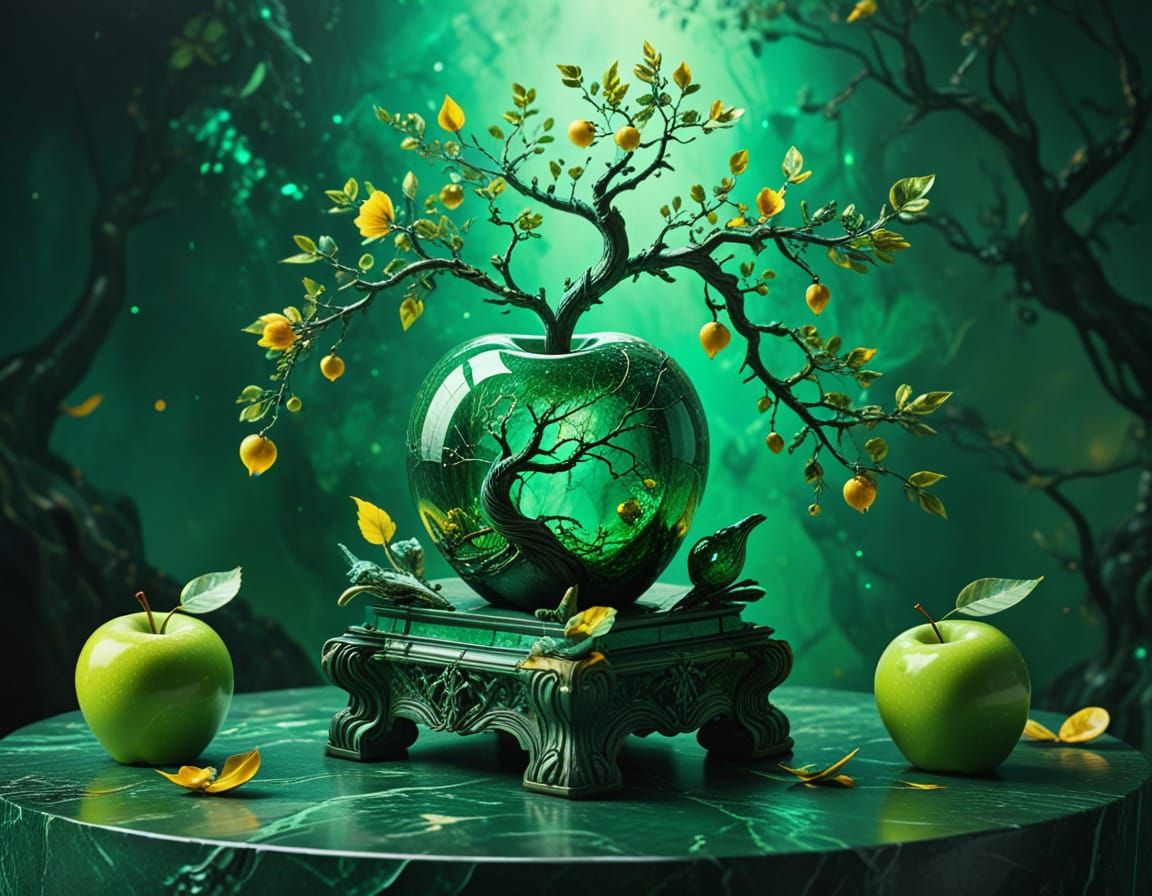 A surrealist depiction of a cracked apple, revealing an inner living forest or yggdrasil. The outer shell of the apple i...