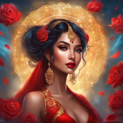 Shining Beauty in Red Lingerie with Roses