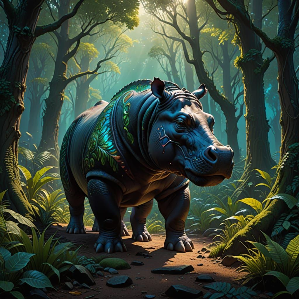 Mystical Forest Hippopotamus in Vibrant Oil Painting Style