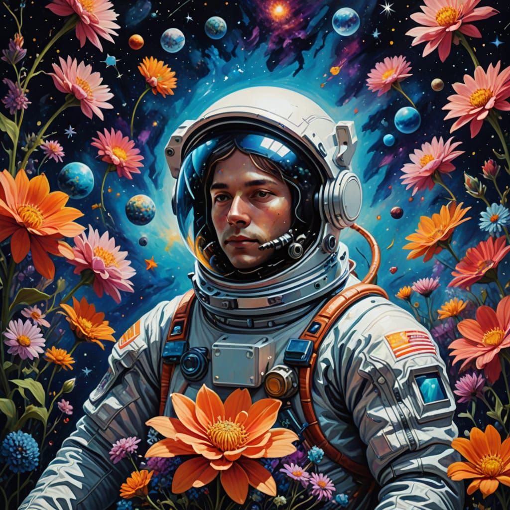 Surreal Oil Painting of Space Suit in Vibrant Flowers