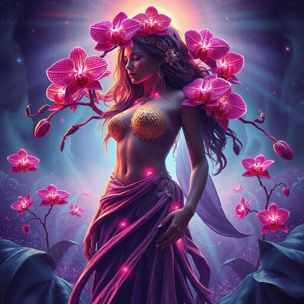 Psychedelic Orchid Goddess in Alien Botanical Garden