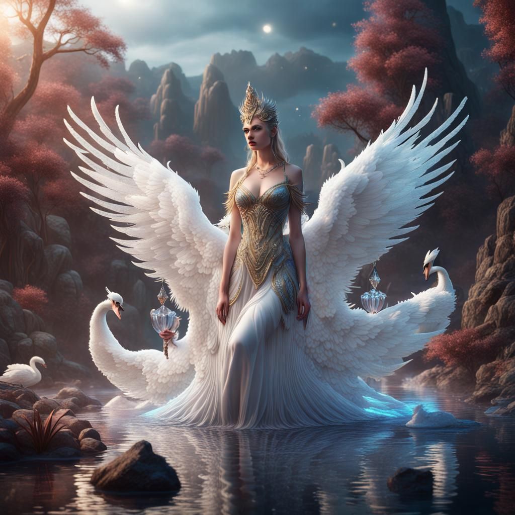 Crystal Swan Goddess: Detailed Fantasy Art