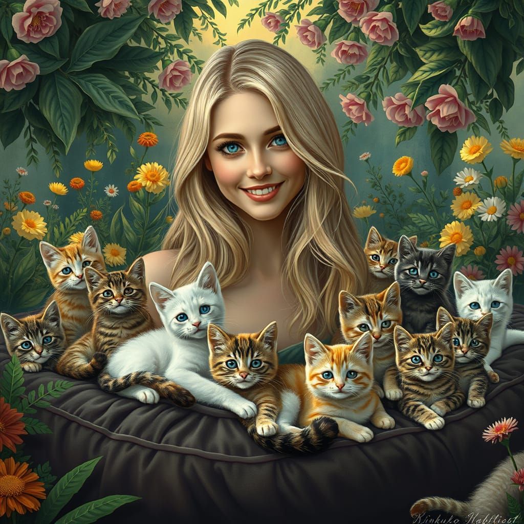 Gentle Lady Surrounded by Felines in a Whimsical Paradise