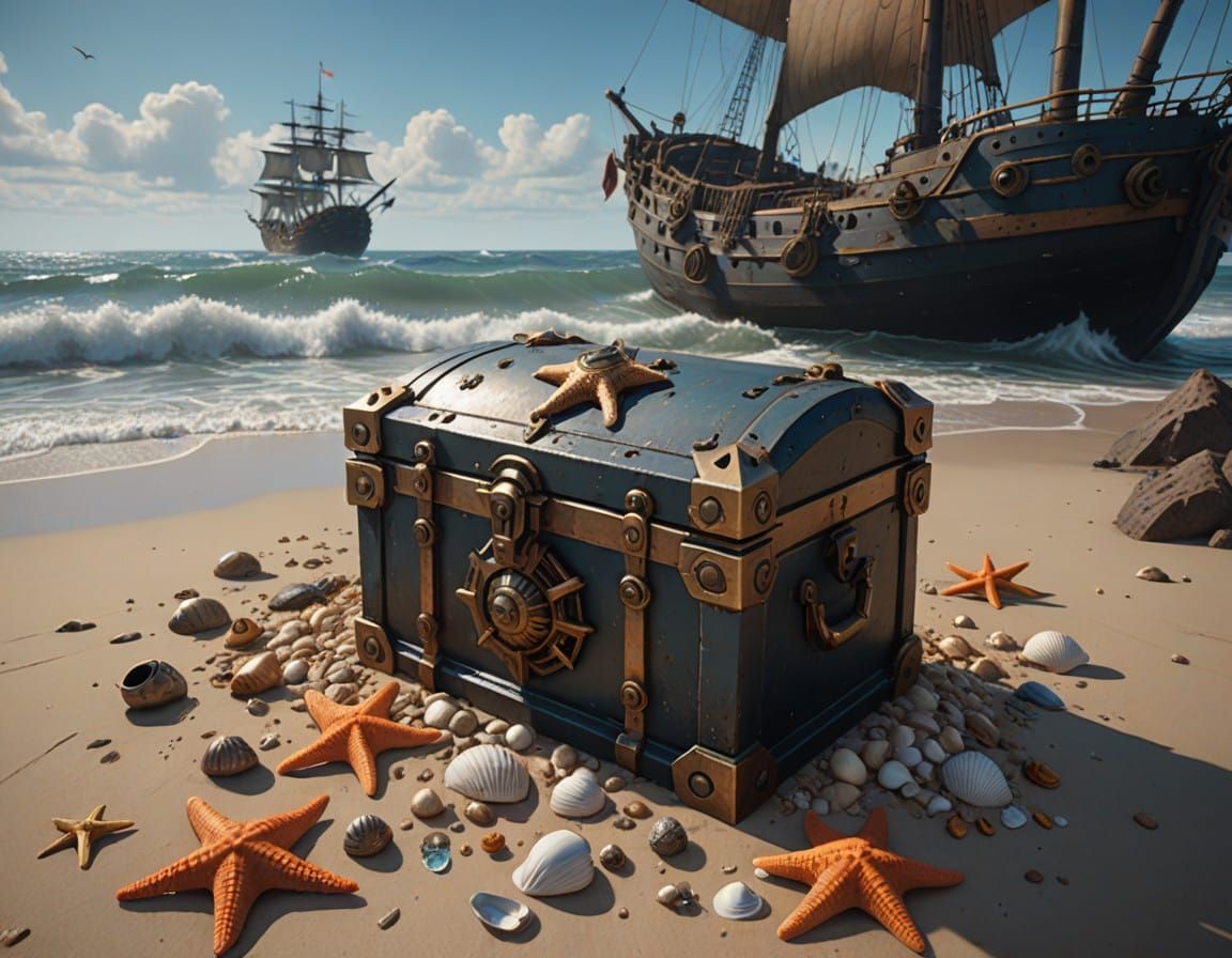 Vintage Treasure Chest on Sun-Kissed Beach with Pirate Ship
