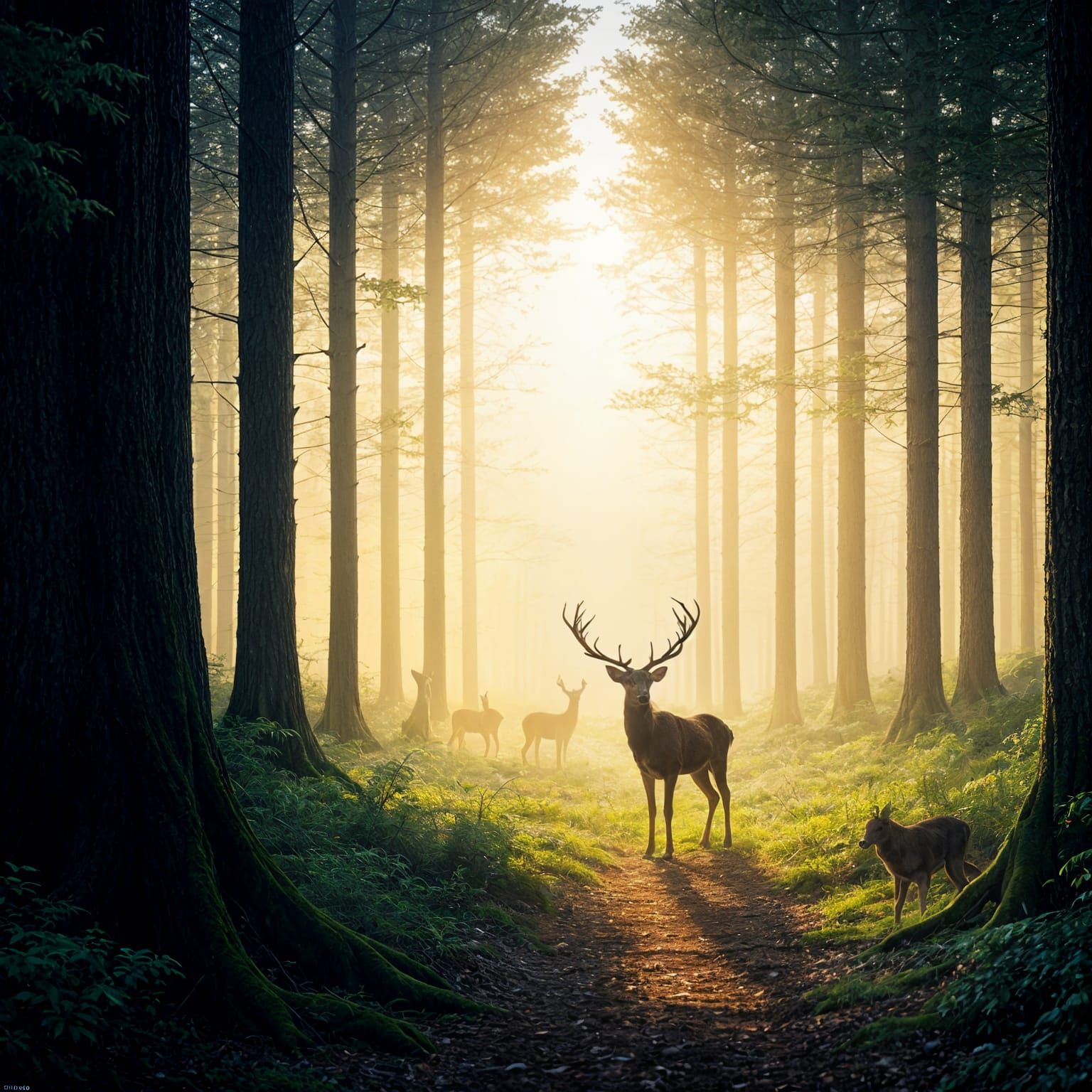 Mystical Deer Silhouette in Sunlit Woods