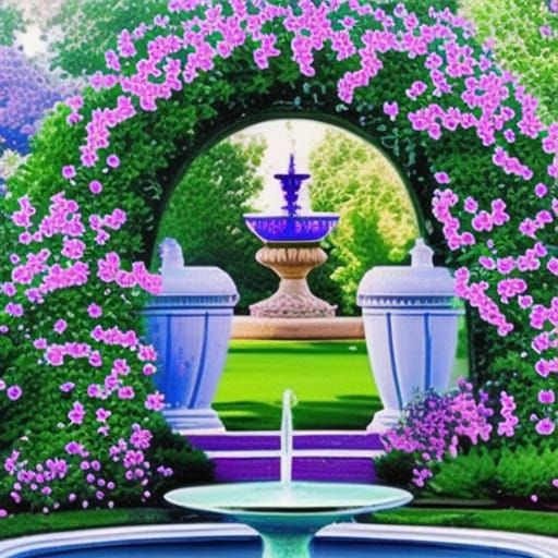 Beautiful lilac garden with lilac bushes everywhere& pink roses& Blue roses& purple roses& Beautiful water fountain in t...