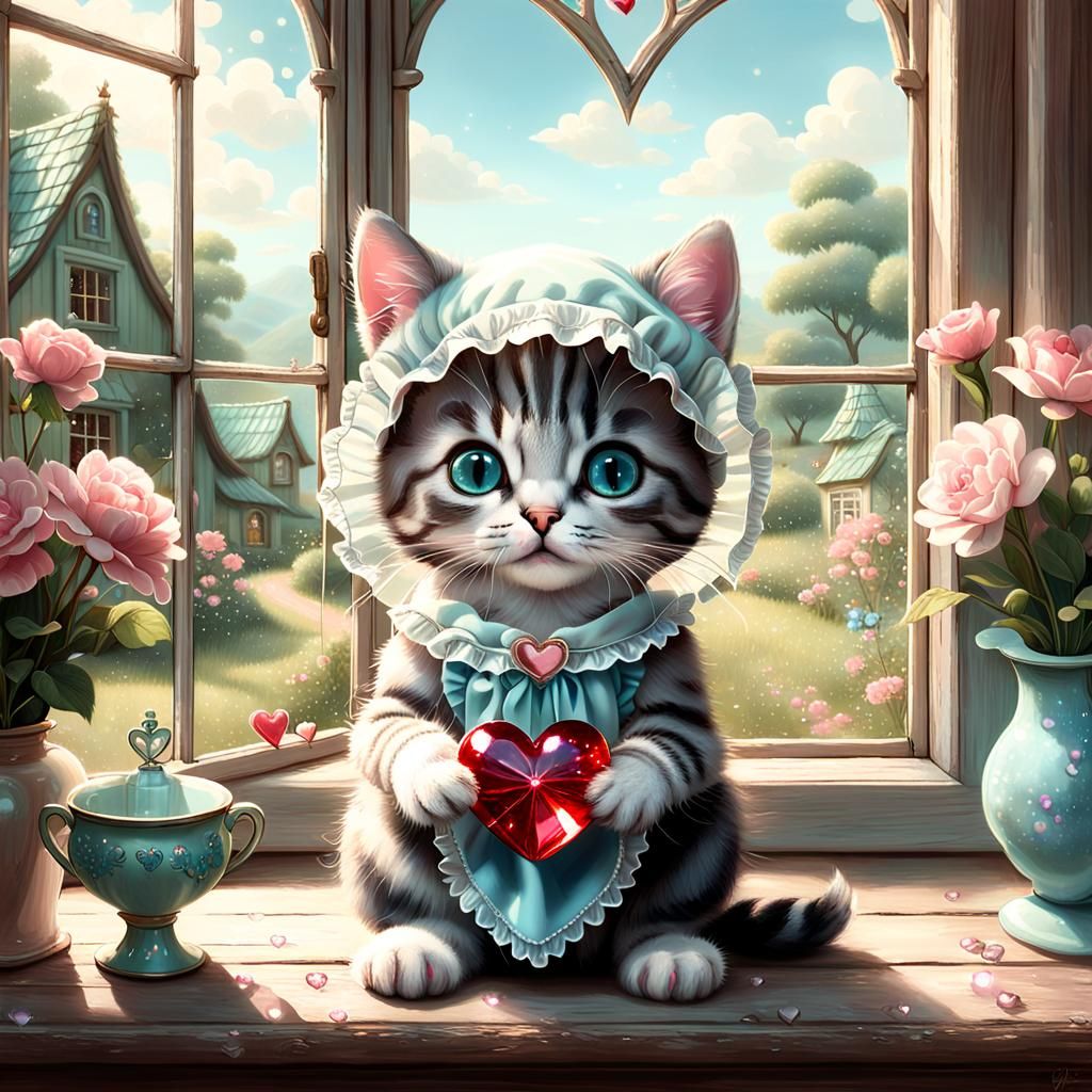 Kitten with Sparkling Heart in Dreamcore Cottage