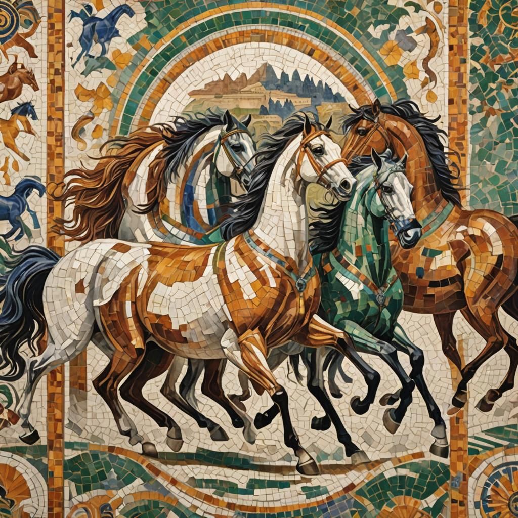 Ibetian Horses Prance in Vibrant Mosaic Coliseum