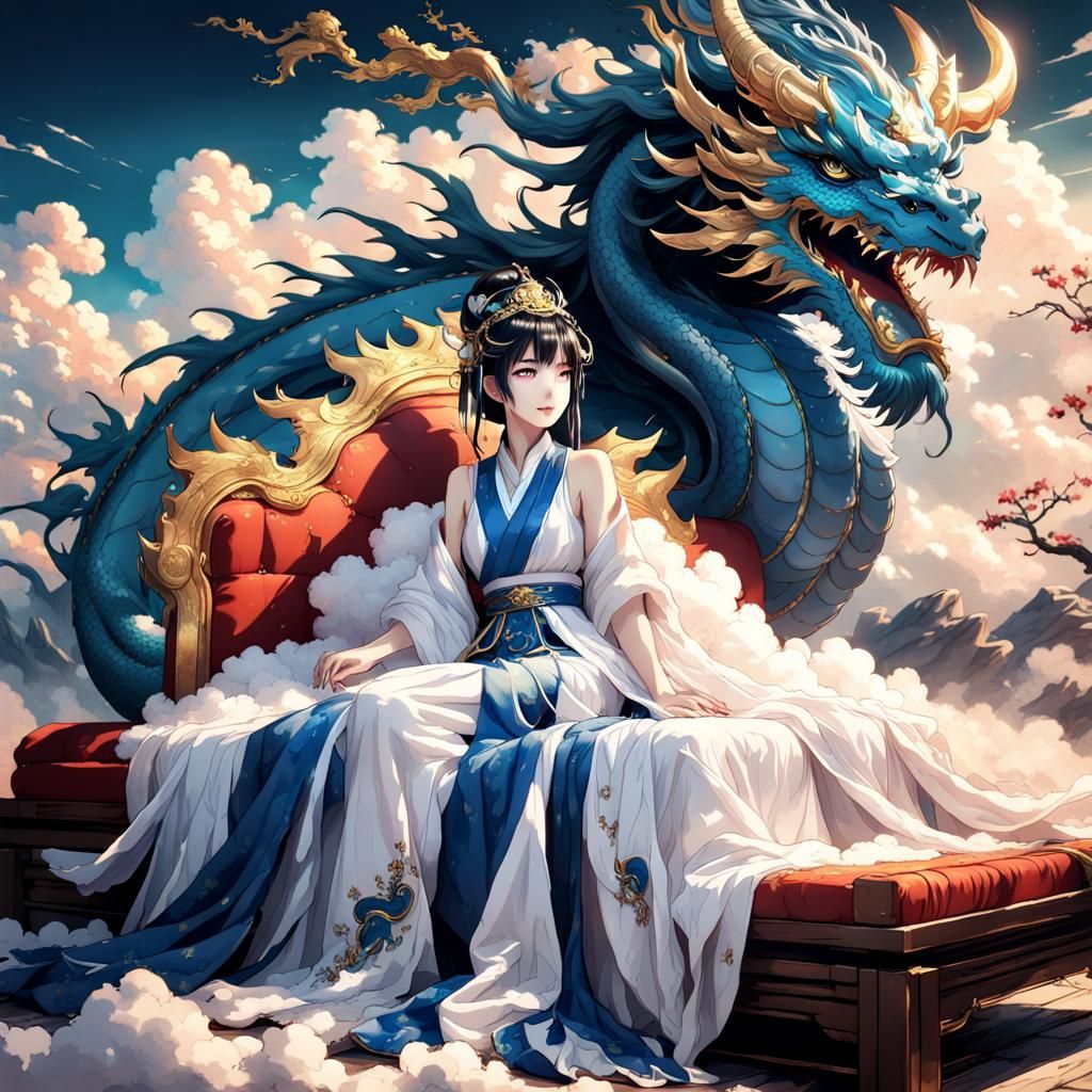 Anime Empress with Azure Dragon on Clouds