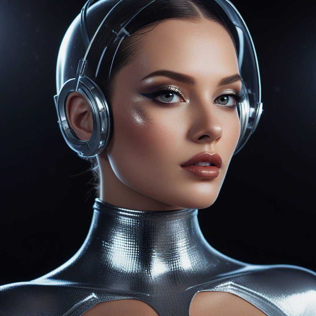 Cosmic Couture Model in Glossy Latex Outfit