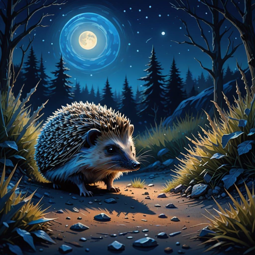 Moonlit Hedgehog's Surreal Adventure: Expressionist Painting
