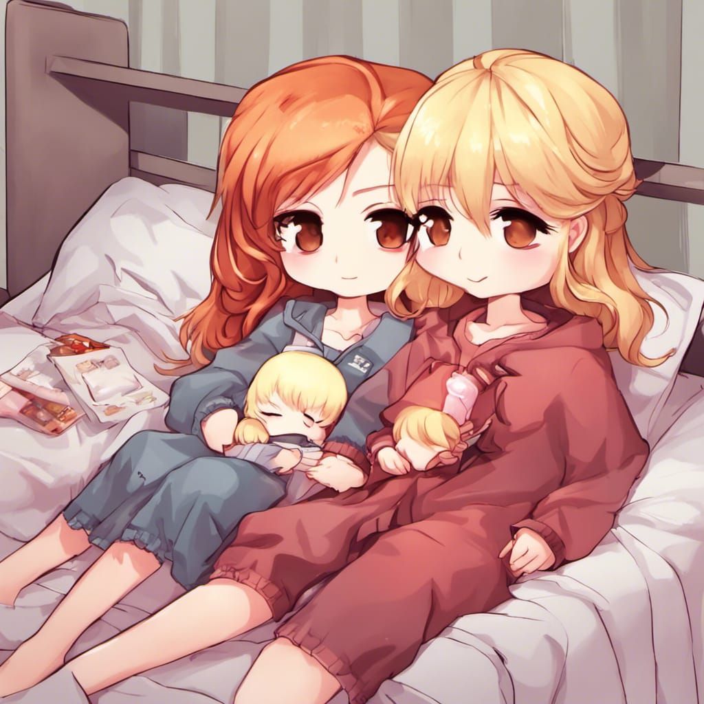 Chibi Girls Snuggling in Bed Together