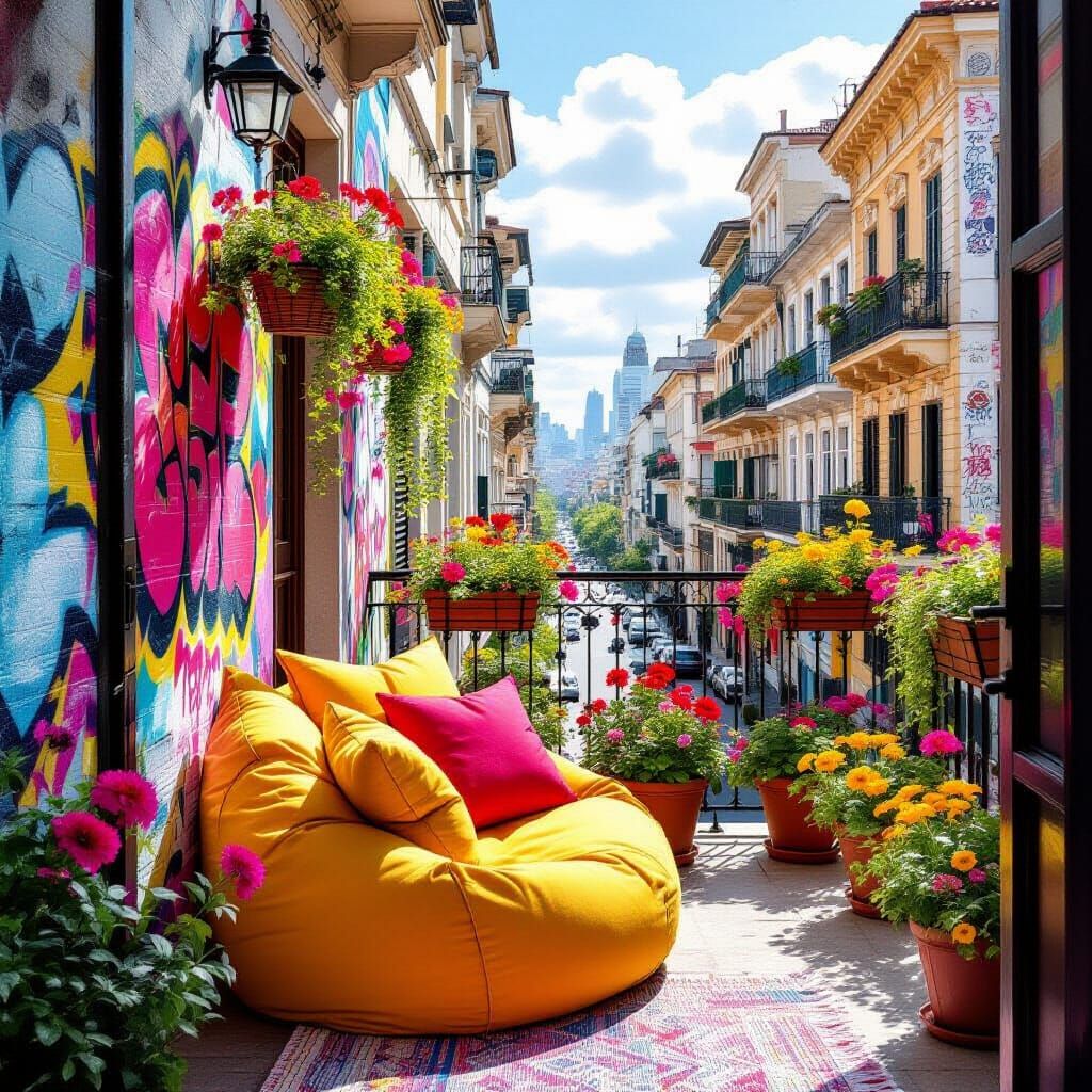 Sun-Drenched Balcony Reading Corner with Graffiti Art