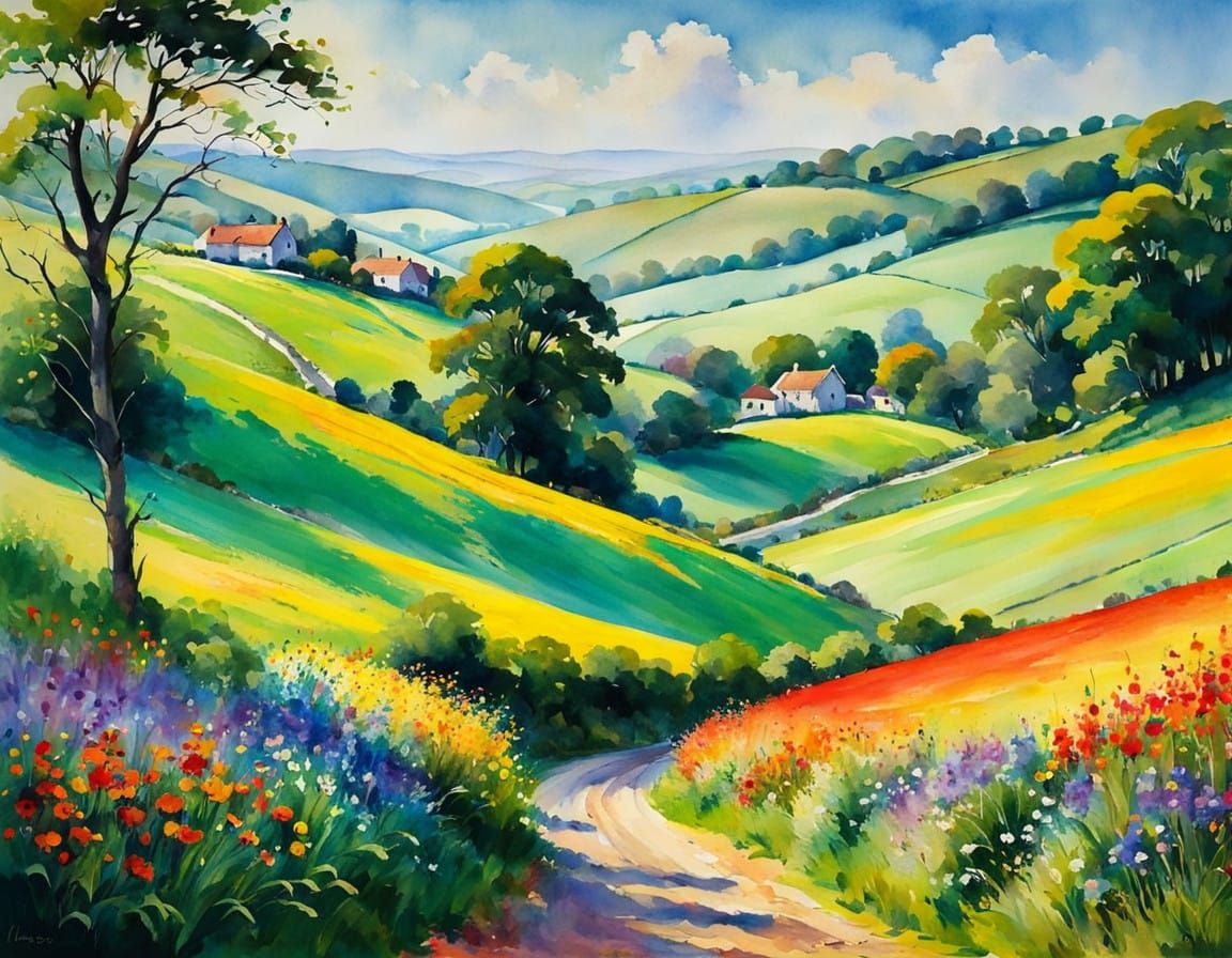 Impressionist Countryside in Vibrant Watercolour
